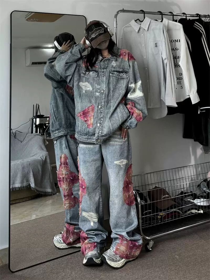 Áo khoác denim rách phối ren nặng chất liệu bền chắc dành cho nam, thiết kế độc đáo phong cách Mỹ, bộ áo khoác và quần denim dáng rộng.