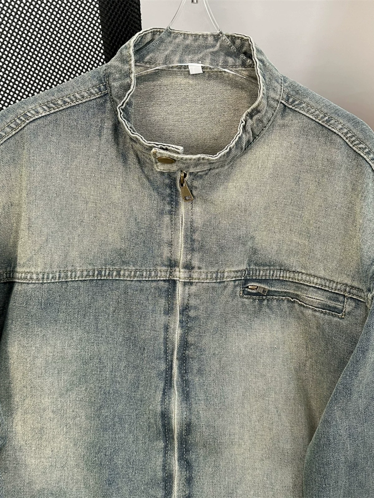 Áo khoác denim vintage mùa xuân thu dành cho nam, phong cách áo khoác công sở retro Mỹ, cổ đứng rộng rãi, áo thời trang thương hiệu sành điệu.