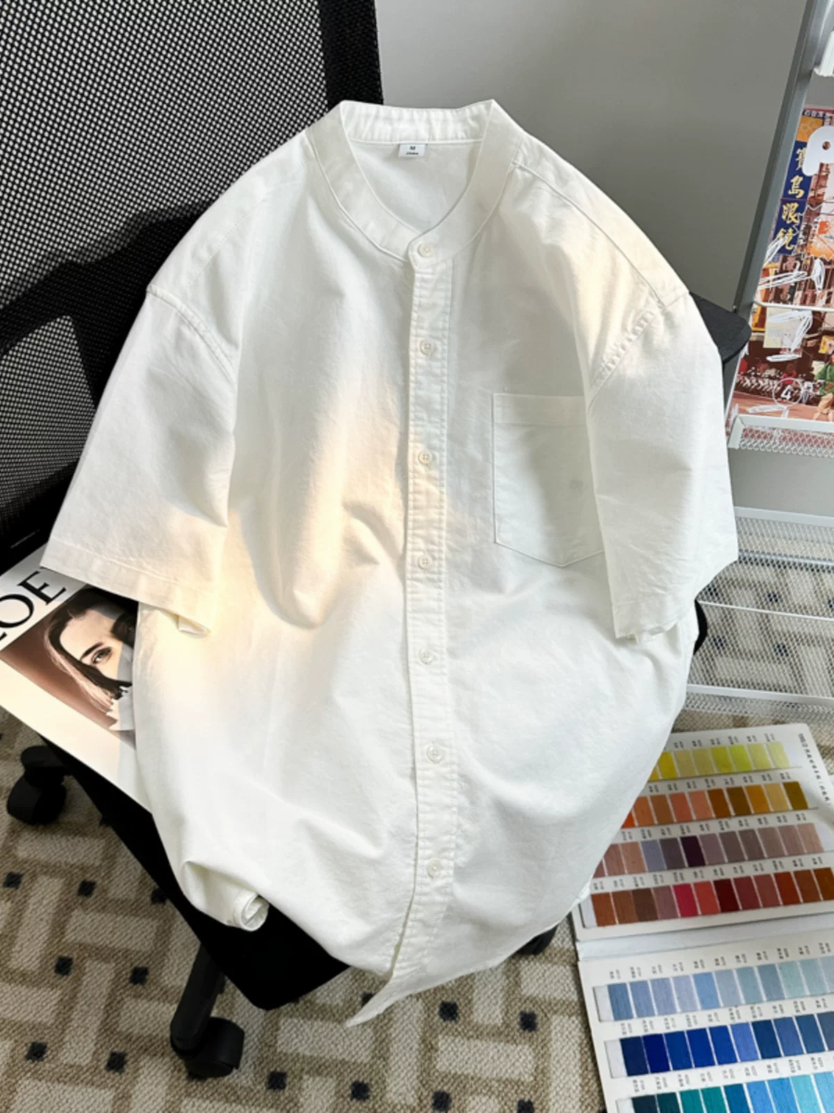 Áo sơ mi nam tay ngắn cổ đứng kiểu Mỹ, áo Oxford chất dày dặn, kiểu dáng rộng rãi, thời trang cao cấp mùa hè.