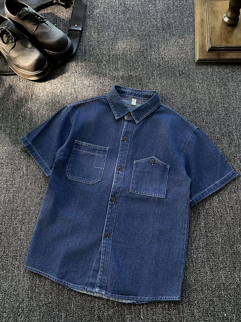 Áo sơ mi denim ngắn tay phong cách retro của Mỹ dành cho nam, áo công sở có ve áo rộng rãi mùa hè, áo khoác sơ mi thương hiệu thời thượng sành điệu
