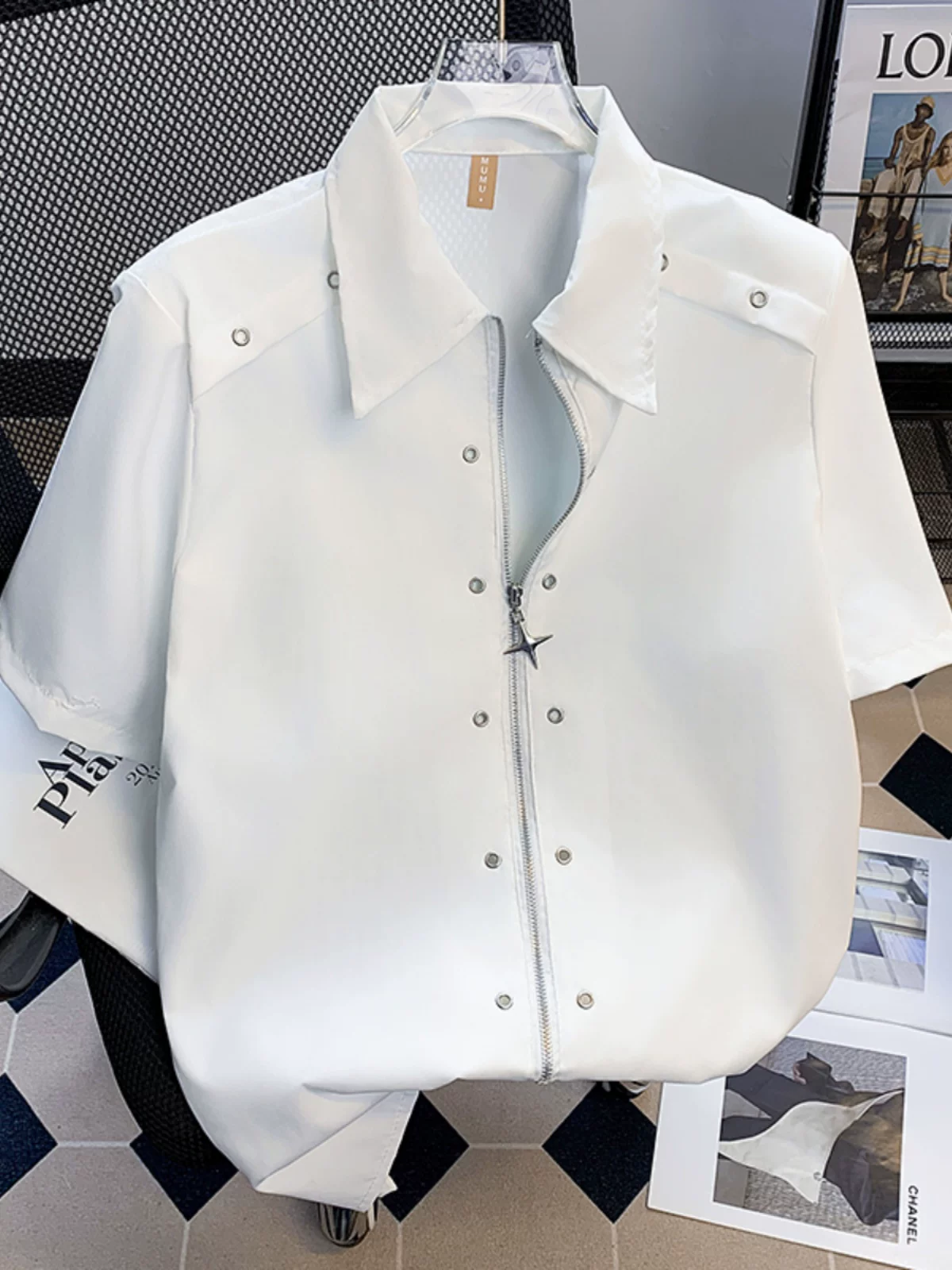 Áo sơ mi thiết kế có khóa kéo dành cho nam tay ngắn phong cách đường phố cao cấp phong cách Mỹ áo sơ mi có đệm vai mùa hè hợp thời trang thương hiệu áo khoác nửa tay rộng rãi