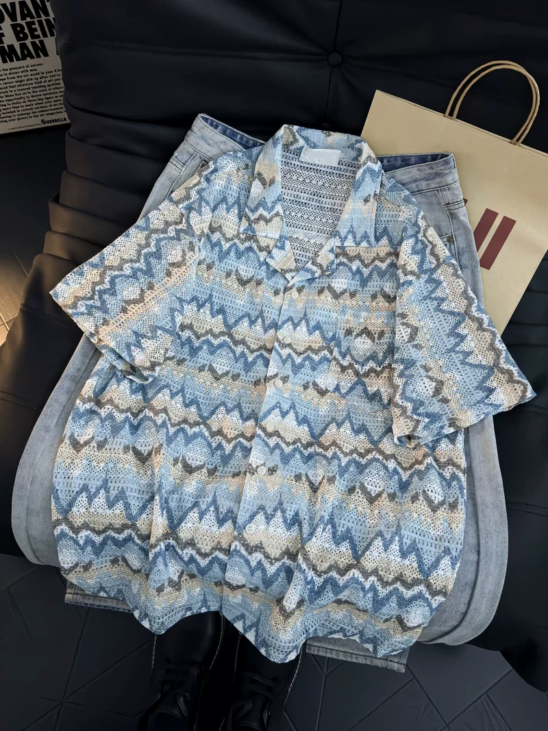 Áo sơ mi ngắn tay phong cách retro của Mỹ dành cho nam, áo khoác sơ mi dáng rộng có cổ mùa hè, thương hiệu thời thượng, áo đa năng phong cách giản dị, cá tính
