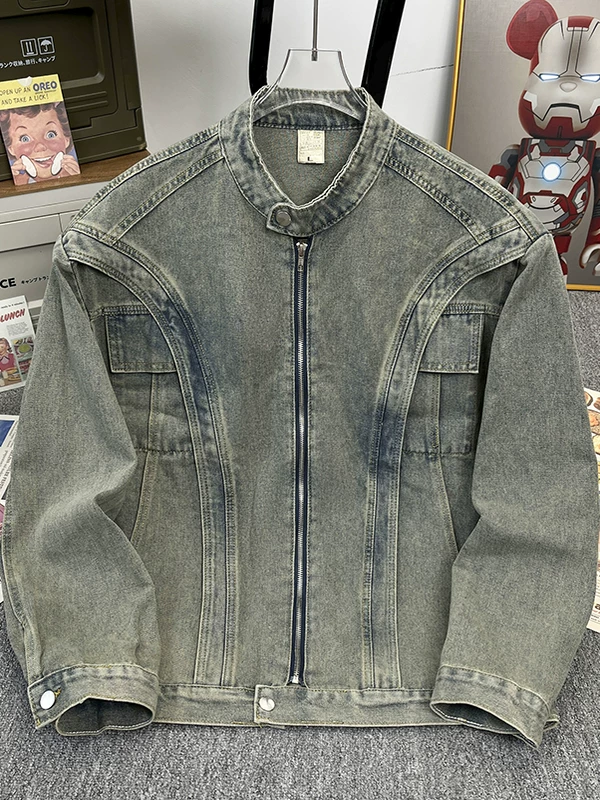 Áo khoác denim kiểu Mỹ dành cho nam, thương hiệu thời thượng, cổ đứng, vai đệm, áo khoác kiểu công sở, bền chắc, phong cách đường phố, có khóa kéo, áo ngắn.