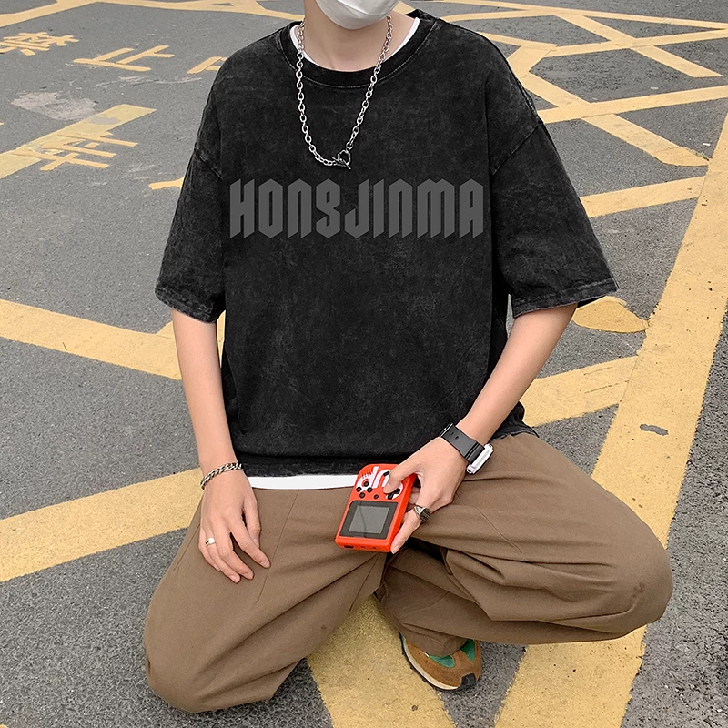 Áo thun tay ngắn vintage chất liệu dày dặn, áo in họa tiết tie-dye phong cách đường phố, áo thun tay lửng rộng rãi thời trang mùa hè dành cho nam.