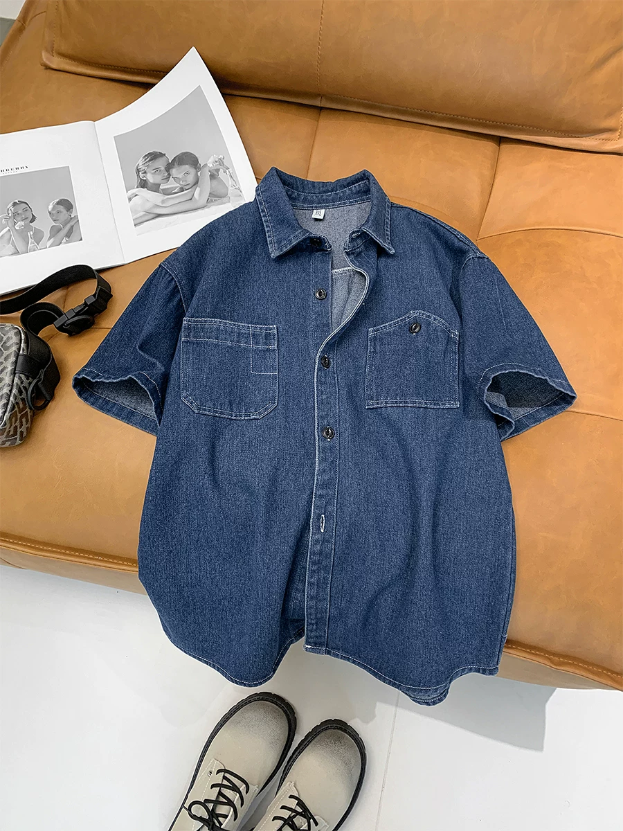 Áo sơ mi denim giặt kiểu Nhật dành cho nam, áo sơ mi ngắn tay retro rộng rãi hợp thời trang với thiết kế kiểu Mỹ, áo khoác dáng rộng thoải mái.