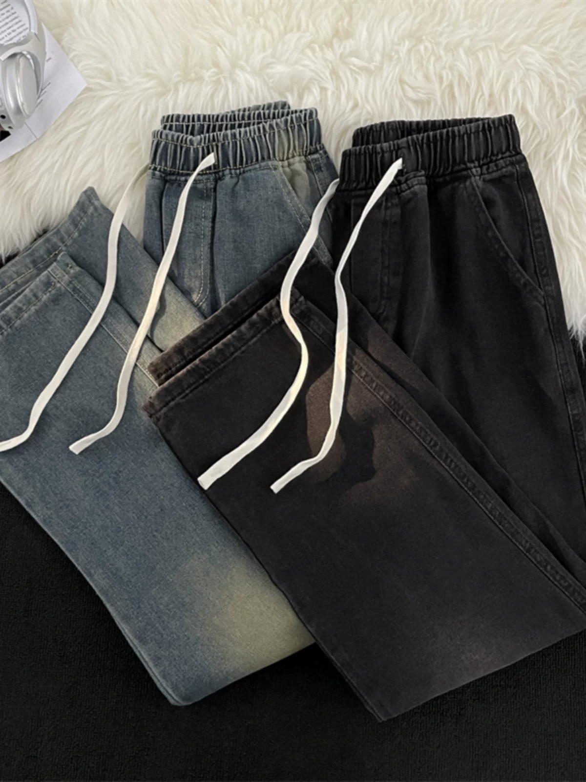 Quần jean denim kiểu Mỹ dành cho nam, thương hiệu thời thượng, quần lưng thun dây rút mùa thu đông, quần dài ống rộng thoải mái.