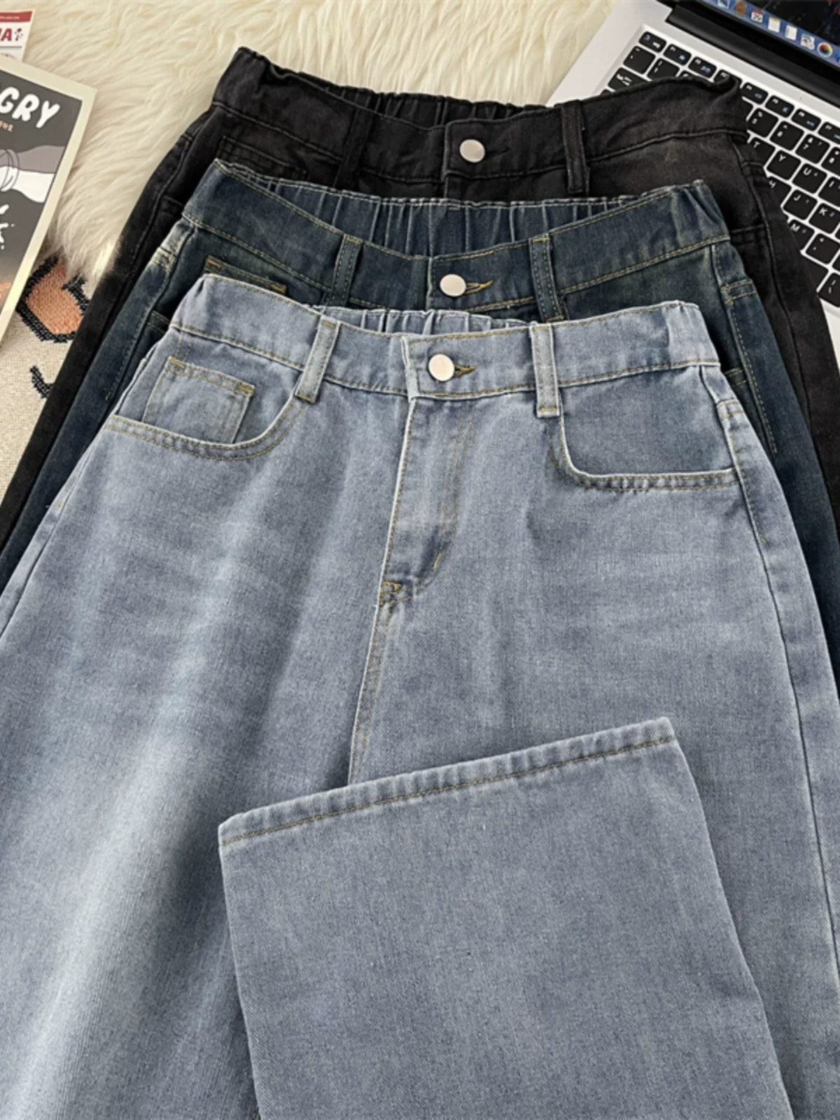 Quần jean nam bán co giãn dành cho mùa xuân thu, quần dài kiểu Mỹ vintage, quần dài ống rộng dáng rộng thời trang đa năng.