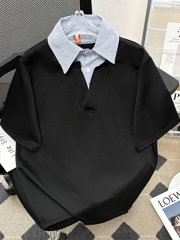 Áo thun nam hai mảnh tay ngắn mùa hè, cổ áo phối vải, kiểu áo polo, áo nửa tay, áo thun dáng rộng phong cách Mỹ thời thượng.