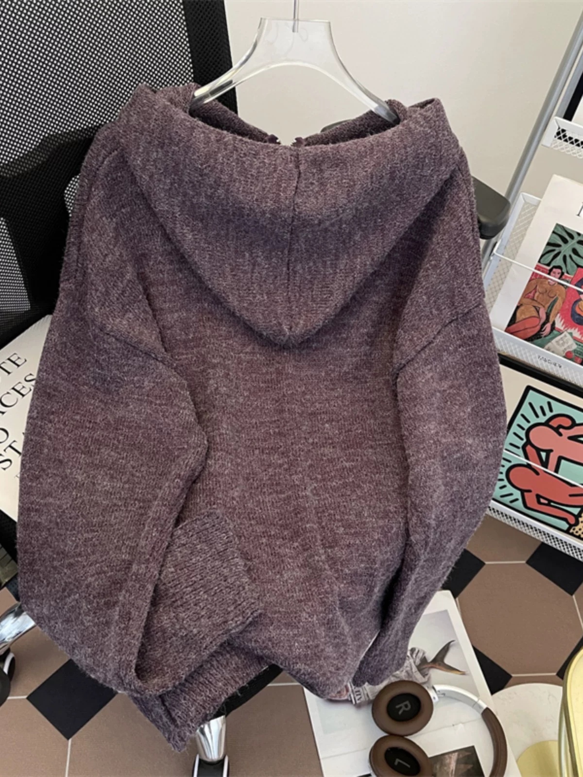 Áo len cardigan có khóa kéo đôi dành cho nam và nữ, áo len có mũ trùm đầu phong cách lười biếng, áo khoác len kiểu Mỹ rộng rãi hợp thời trang mùa thu đông.