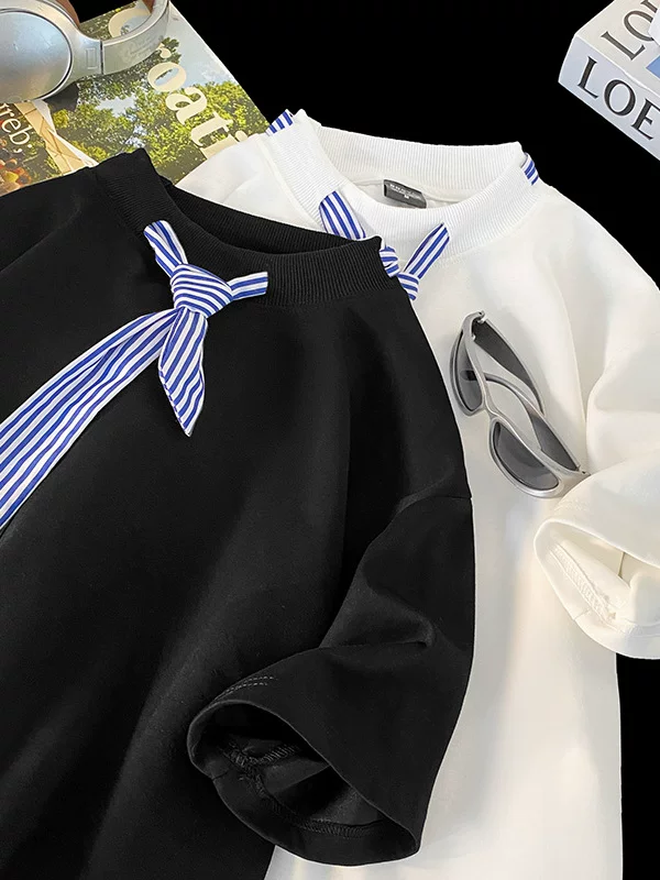 Áo thun ngắn tay sọc kiểu Nhật dành cho nam, áo thun cổ tròn dáng rộng hợp thời trang mùa hè kiểu Mỹ.