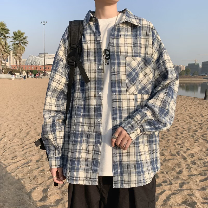 Áo sơ mi nam dài tay mùa xuân thu, áo sơ mi kẻ sọc phong cách Hồng Kông, áo khoác dáng rộng phong cách Hàn Quốc thời thượng.