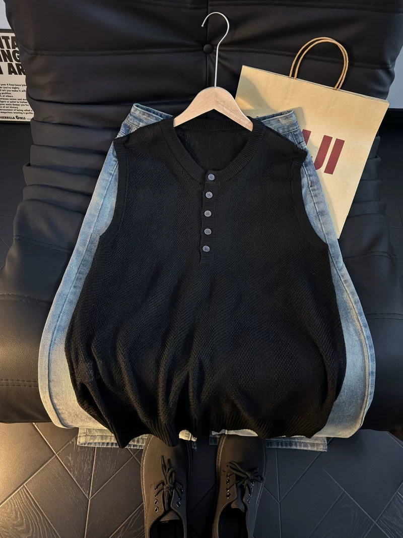 Áo vest dệt kim cổ Henry kiểu Mỹ dành cho nam, áo vest mùa hè thoáng khí, kiểu dáng rộng rãi, thương hiệu thời thượng, cảm giác đơn giản và cao cấp.
