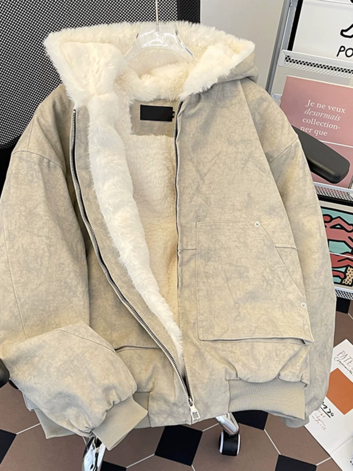 Áo khoác cotton lót lông cừu dày dặn cho nam và nữ, áo khoác bông len cừu mùa đông, áo khoác bông ngắn có mũ kiểu Mỹ thời trang.