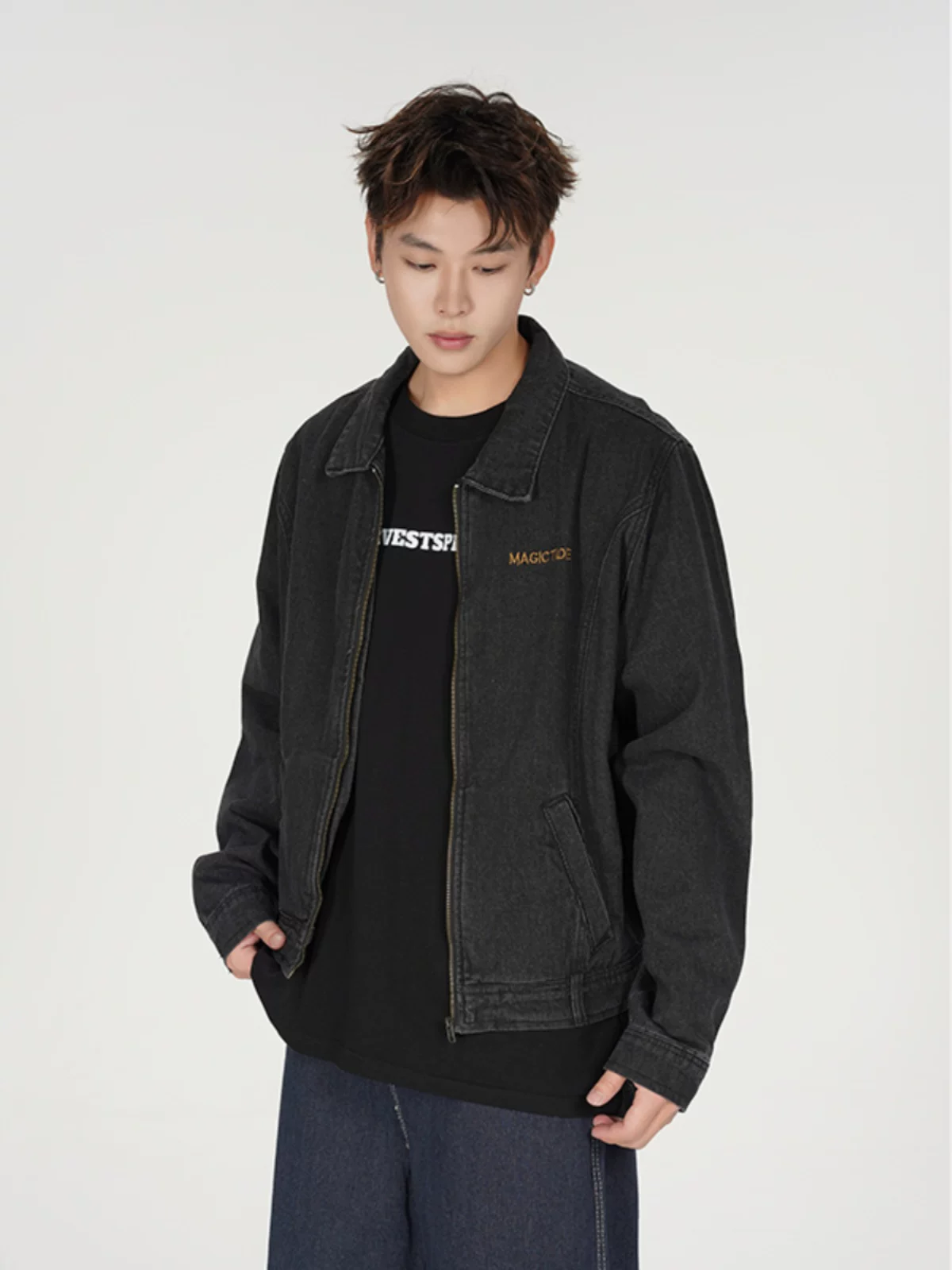 Áo khoác denim cleanfit phong cách đường phố Mỹ dành cho nam, áo khoác ngắn thời trang dáng rộng, áo khoác ngắn thường ngày cho cặp đôi mùa xuân thu.