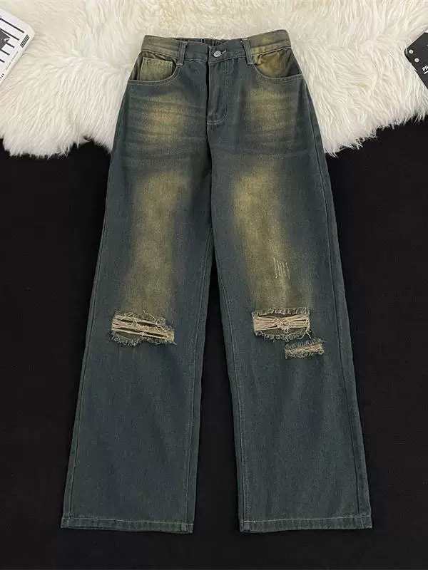 Quần jeans rách phong cách retro Mỹ dành cho nam, quần ống rộng vintage mùa xuân thu, quần thời trang thương hiệu cao cấp, đã qua xử lý làm cũ và tạo hiệu ứng rách.