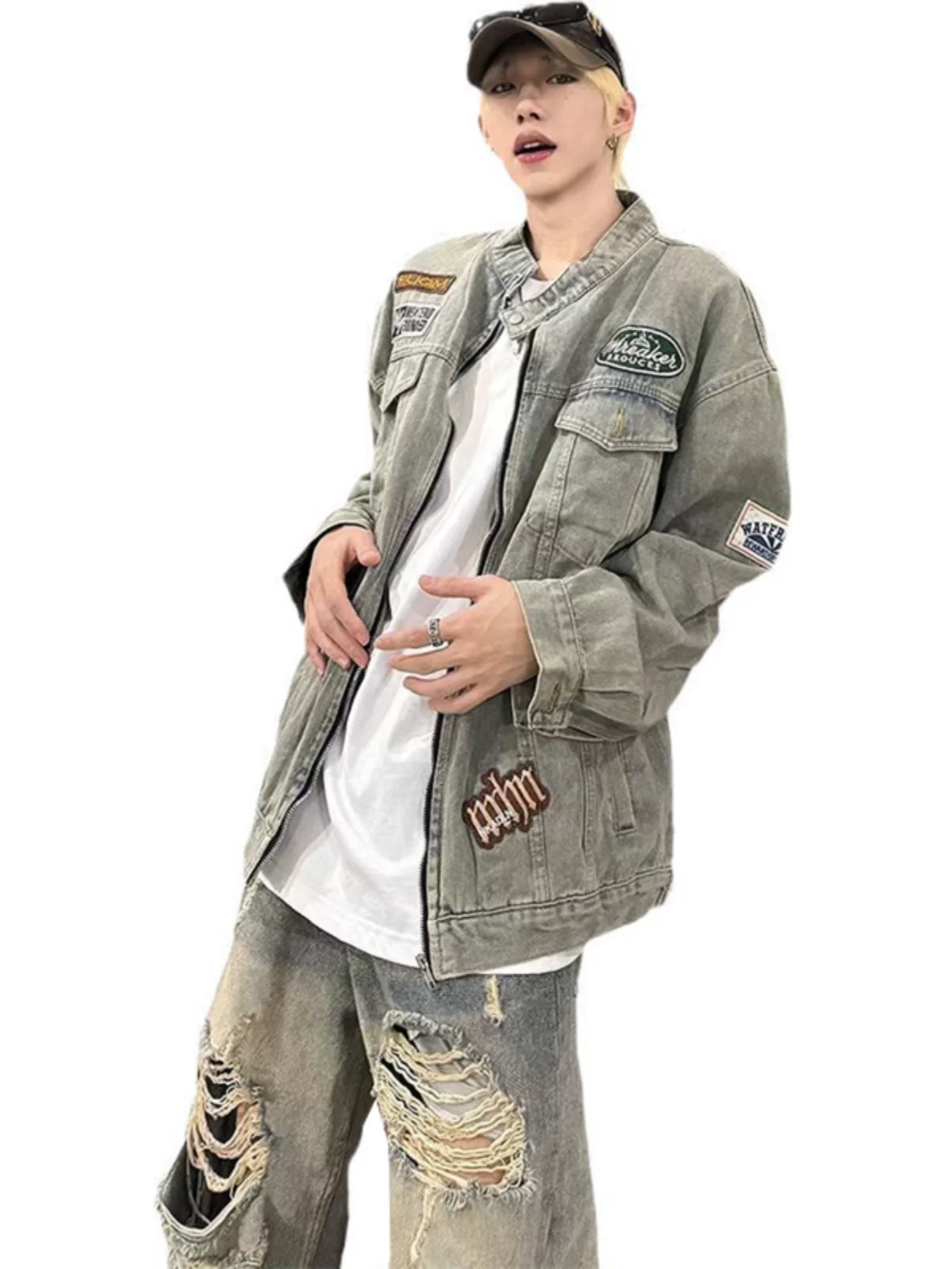 Áo khoác denim thêu họa tiết cổ điển kiểu Mỹ, áo khoác nam thời thượng mùa xuân thu, áo khoác cổ đứng dáng rộng cleanfit.