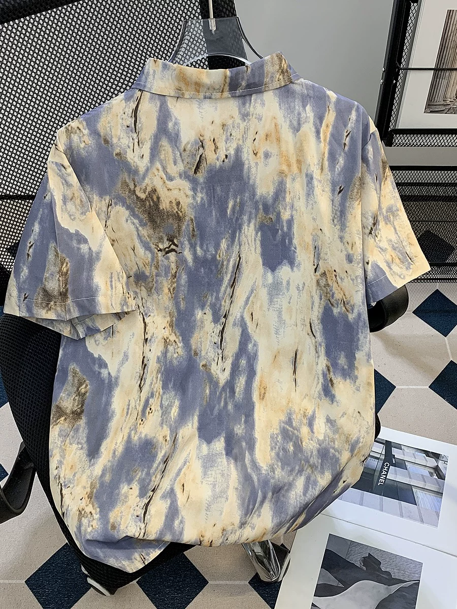 Áo sơ mi ngắn tay chất liệu lụa băng nhuộm tie-dye dành cho nam, áo kiểu Mỹ mùa hè rộng rãi thoải mái, áo kiểu Hawaii phóng khoáng