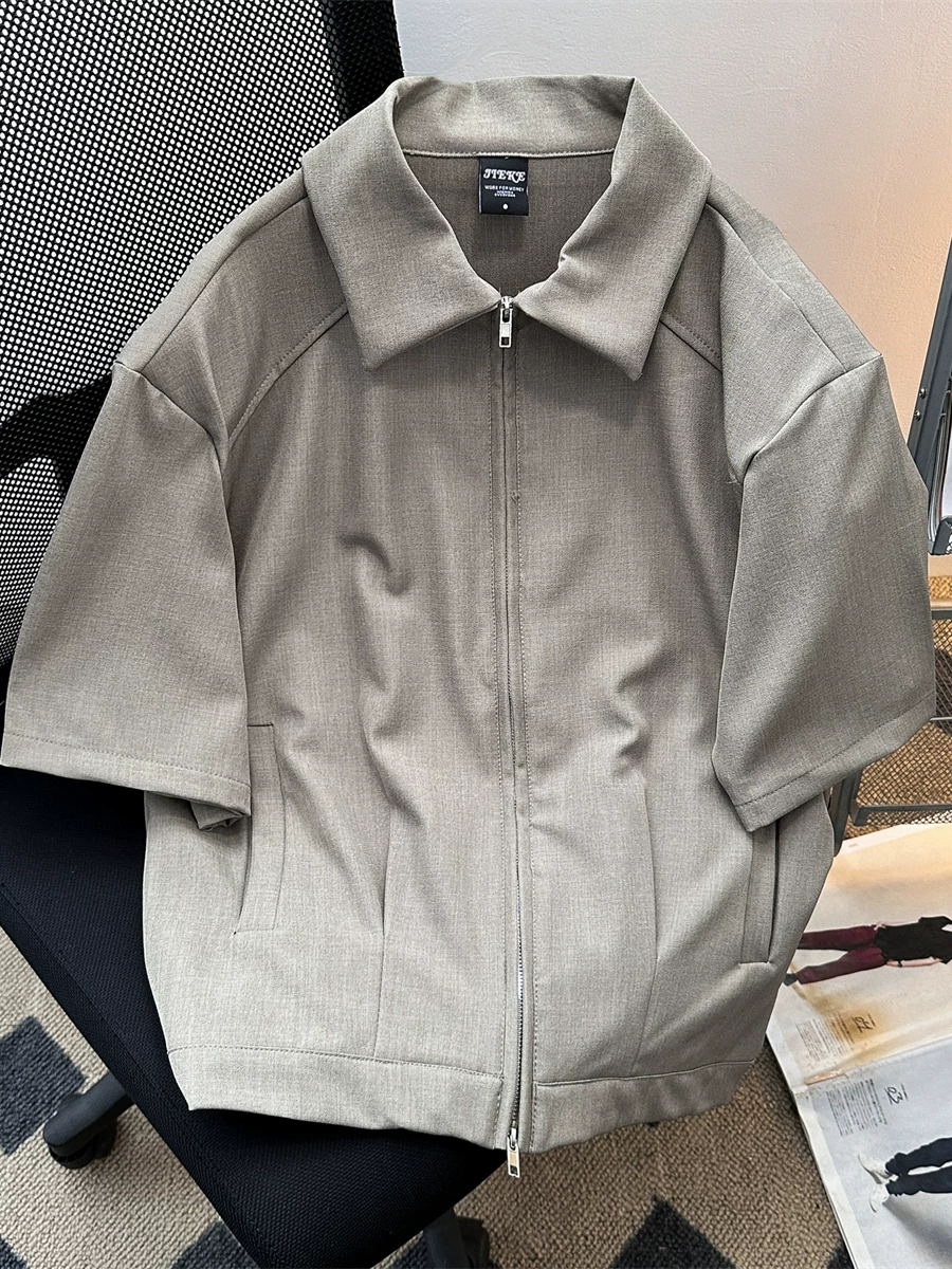 Áo sơ mi ngắn tay có khóa kéo đôi dành cho nam, áo khoác dày dặn hợp thời trang phong cách Mỹ mùa hè, áo sơ mi nửa tay thiết kế kiểu Nhật.