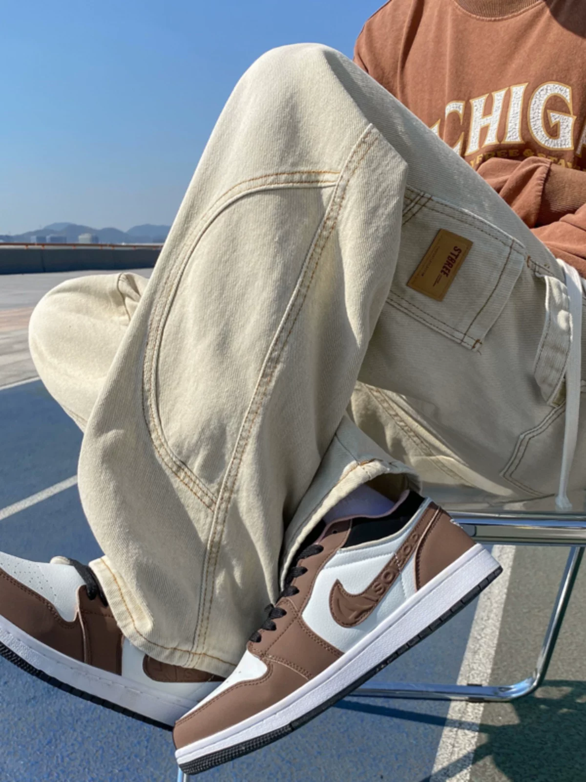 Quần jeans phong cách retro Mỹ dành cho nam, mùa xuân và mùa thu, quần công sở đã qua xử lý làm cũ và tạo hiệu ứng rách, quần ống đứng rộng rãi, hợp thời trang, phong cách đường phố.