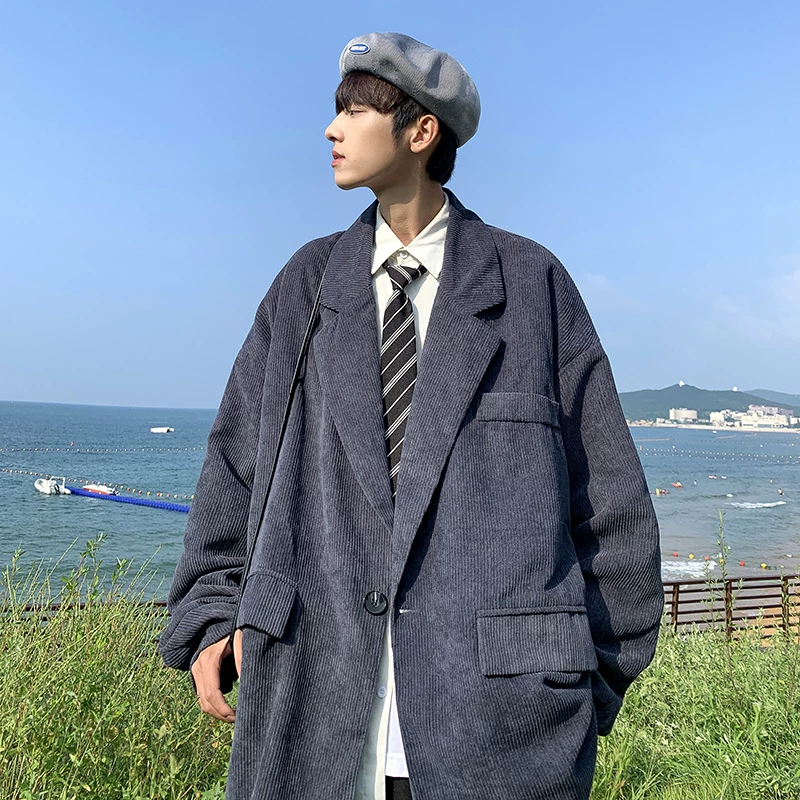 Bộ vest nam mùa xuân thu, áo khoác nhung kẻ retro phong cách BF thời thượng kiểu Hồng Kông, áo blazer dáng rộng phong cách Hàn Quốc cá tính.