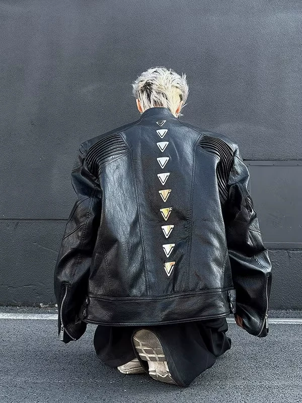 Áo khoác da PU thiết kế gờ kim loại, kiểu dáng đường phố Mỹ mùa xuân, áo khoác ngắn với cổ đứng độc đáo dành cho nam.