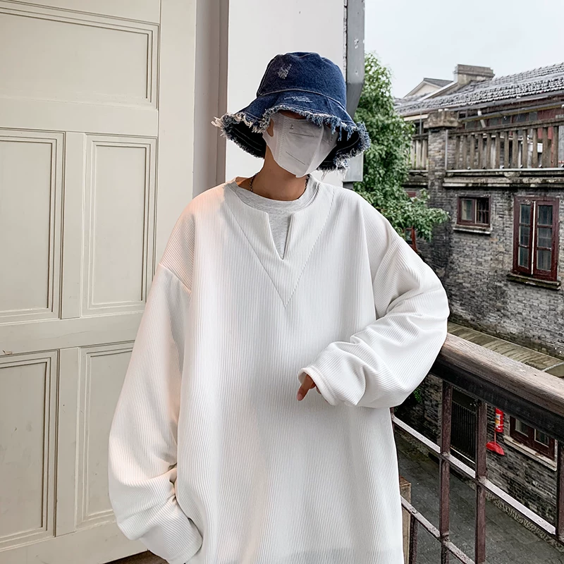 Áo nỉ giả hai mảnh dáng rộng dành cho nam với thiết kế phong cách Hồng Kông, áo thun dài tay thông thường hợp thời trang cho mùa xuân thu.