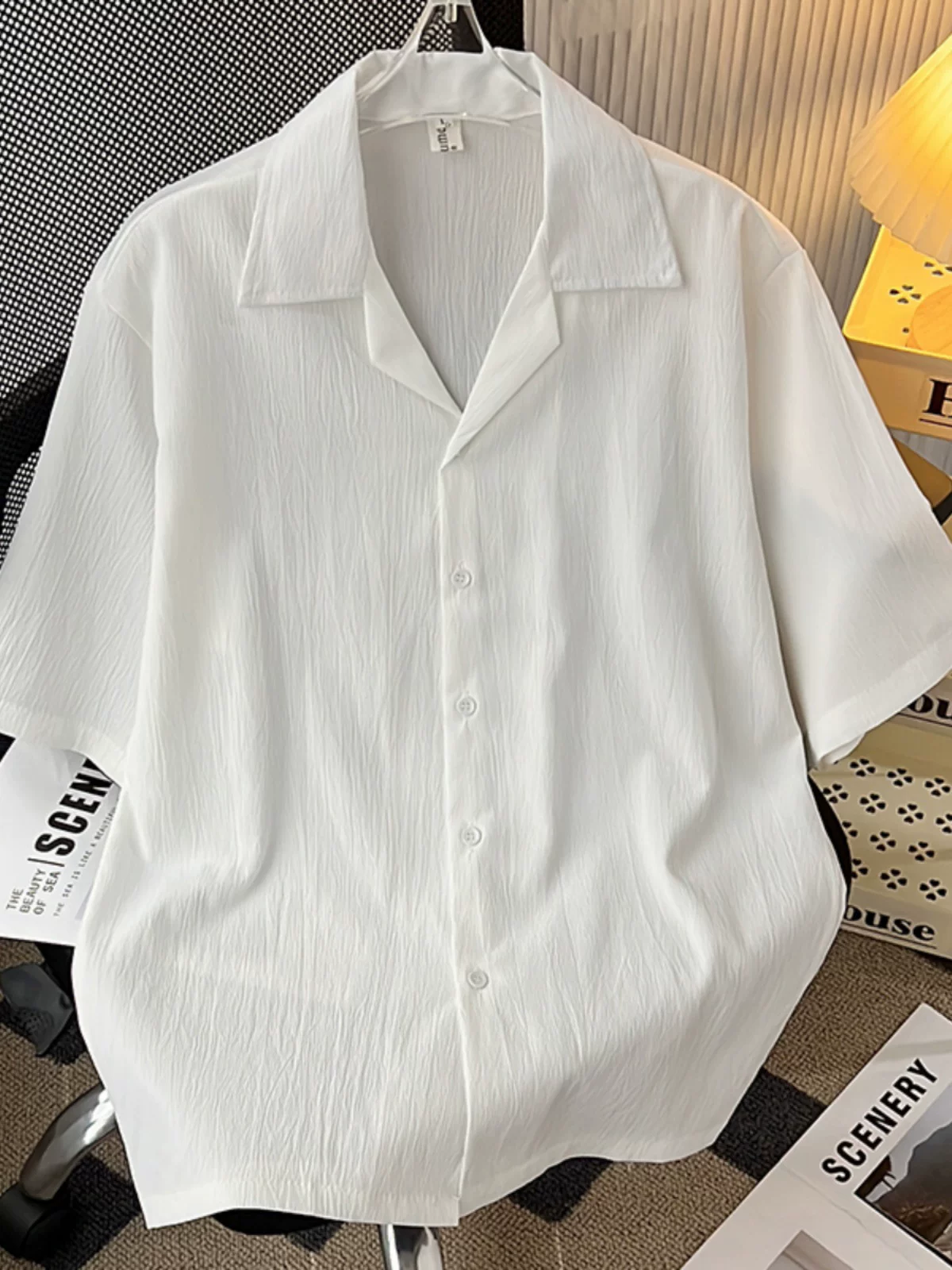 Áo sơ mi lụa băng cao cấp dành cho nam, tay ngắn, dáng rộng, áo sơ mi cổ Cuba phong cách Mỹ, trang phục cặp đôi mùa hè hợp thời trang.