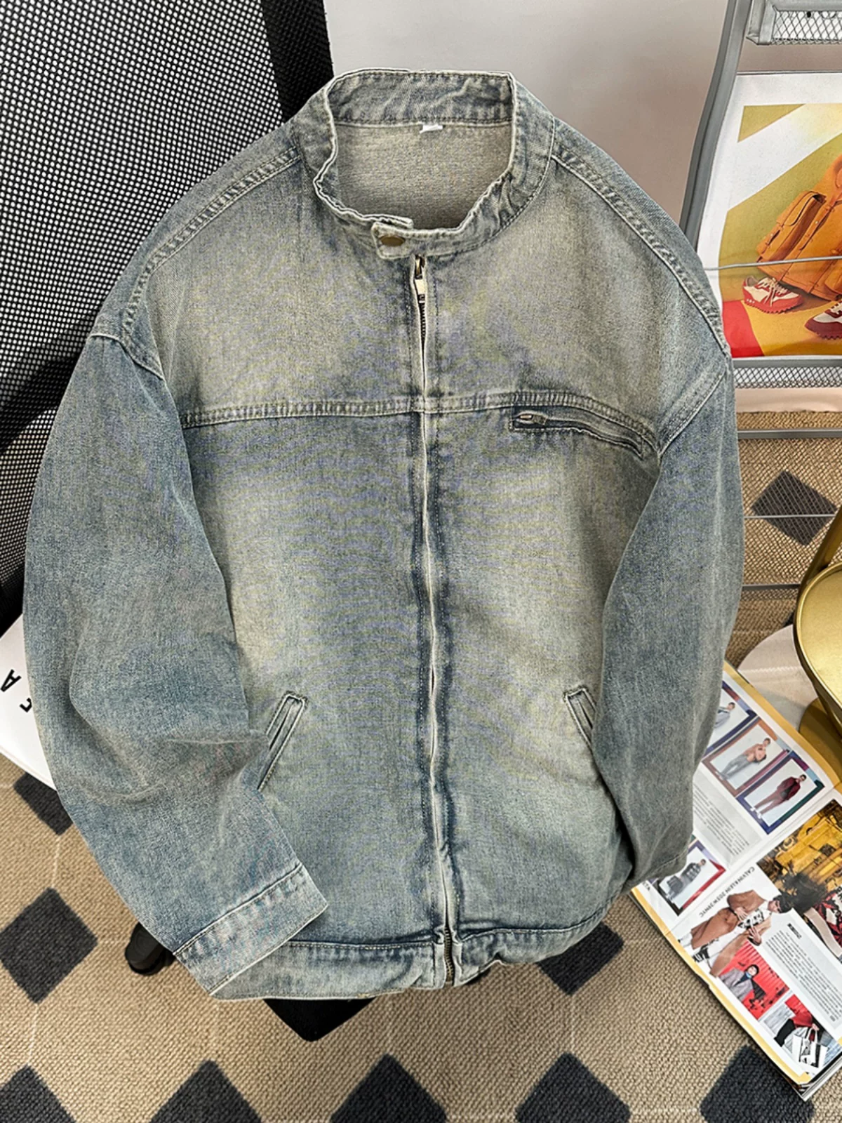 Áo khoác denim vintage mùa xuân thu dành cho nam, phong cách áo khoác công sở retro Mỹ, cổ đứng rộng rãi, áo thời trang thương hiệu sành điệu.