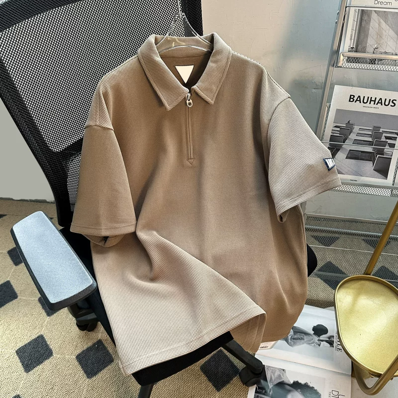 Áo polo waffle dày dặn dành cho nam, áo thun tay ngắn cổ trụ thời trang mùa hè, kiểu dáng rộng rãi thoải mái phong cách retro Mỹ, tay áo lửng.