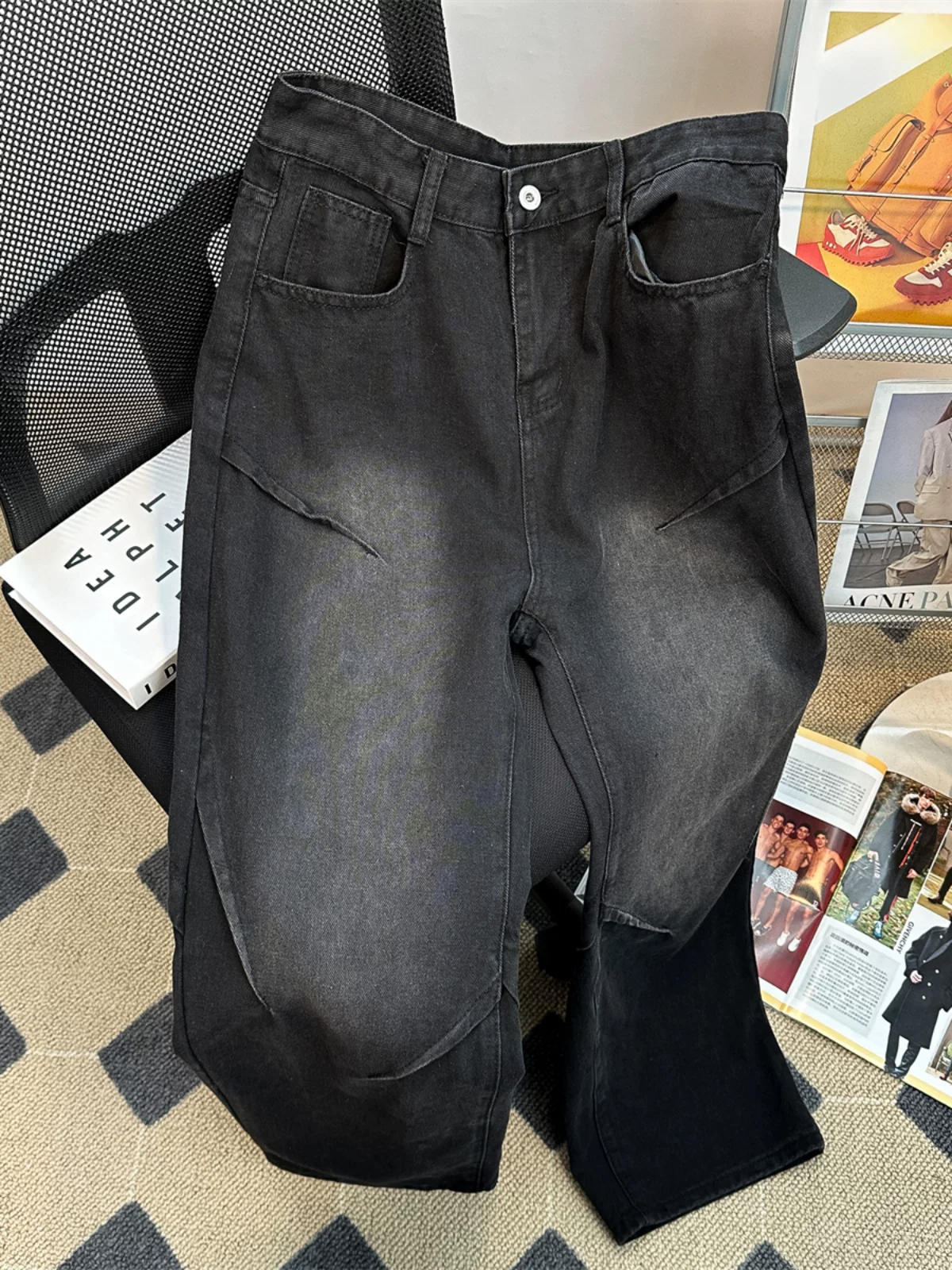 Quần jeans nam kiểu Mỹ retro, thiết kế theo xu hướng mùa xuân, quần ống rộng dáng vintage.