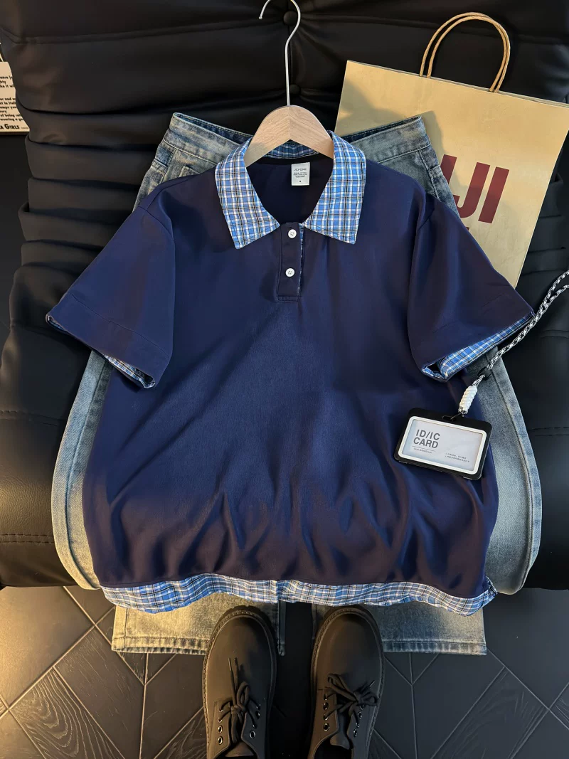 Áo Polo giả hai mảnh kiểu Mỹ dành cho nam, áo thun nửa tay kẻ sọc mùa hè, áo thun cặp đôi dáng rộng hợp thời trang.