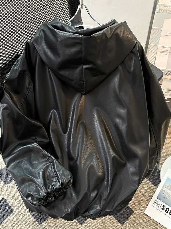 Áo khoác da PU có mũ cao cấp dành cho nam, áo khoác phong cách Mỹ cổ điển hợp thời trang mùa thu, áo khoác biker rộng rãi cá tính.