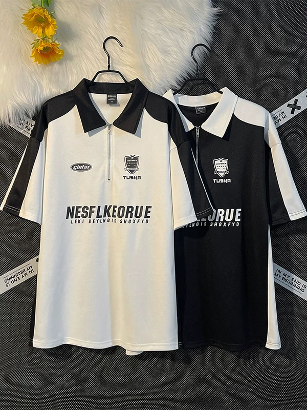 Áo polo nam nửa khóa kéo tay ngắn kiểu Mỹ in họa tiết phối màu áo thun đua xe thời trang mùa hè thương hiệu nổi tiếng áo cặp rộng rãi