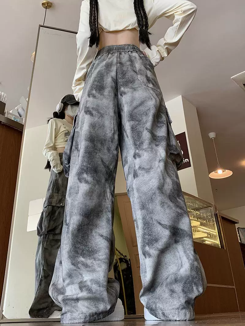 Quần cargo thường ngày nhuộm màu tie-dye dành cho nam và nữ, phong cách hip-hop đường phố Mỹ, quần dài ống rộng dáng suông hợp thời trang mùa xuân thu.