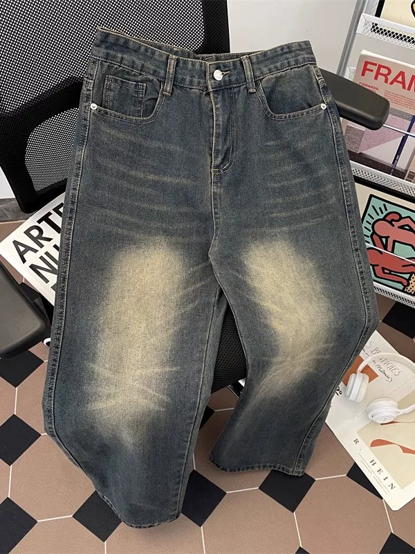 Quần jeans nam phong cách Hồng Kông, kiểu retro, chất liệu washed, thương hiệu thời trang Mỹ, dáng rộng ống đứng, quần dài vintage, phong cách casual.