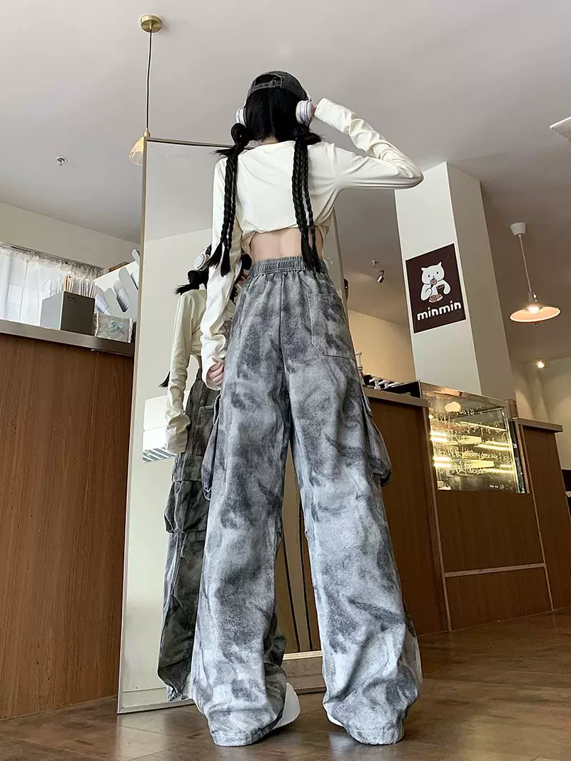 Quần cargo thường ngày nhuộm màu tie-dye dành cho nam và nữ, phong cách hip-hop đường phố Mỹ, quần dài ống rộng dáng suông hợp thời trang mùa xuân thu.