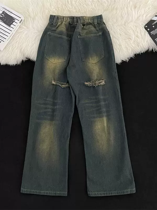 Quần jeans rách phong cách retro Mỹ dành cho nam, quần ống rộng vintage mùa xuân thu, quần thời trang thương hiệu cao cấp, đã qua xử lý làm cũ và tạo hiệu ứng rách.