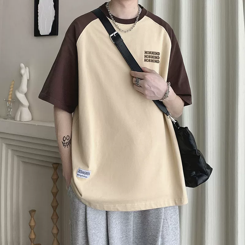 Áo thun ngắn tay kiểu raglan phong cách retro của Mỹ dành cho nam, áo thun nửa tay dáng rộng hợp thời trang mùa hè, áo thun đa năng dành cho cặp đôi sinh viên.