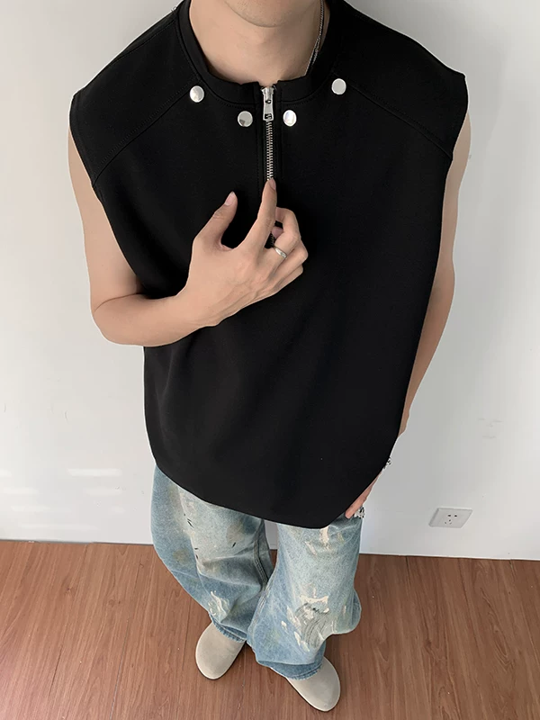 Áo vest nửa khóa kéo dành cho nam, thiết kế thời trang mùa hè, áo thun không tay, kiểu dáng thể thao gọn gàng, cá tính.