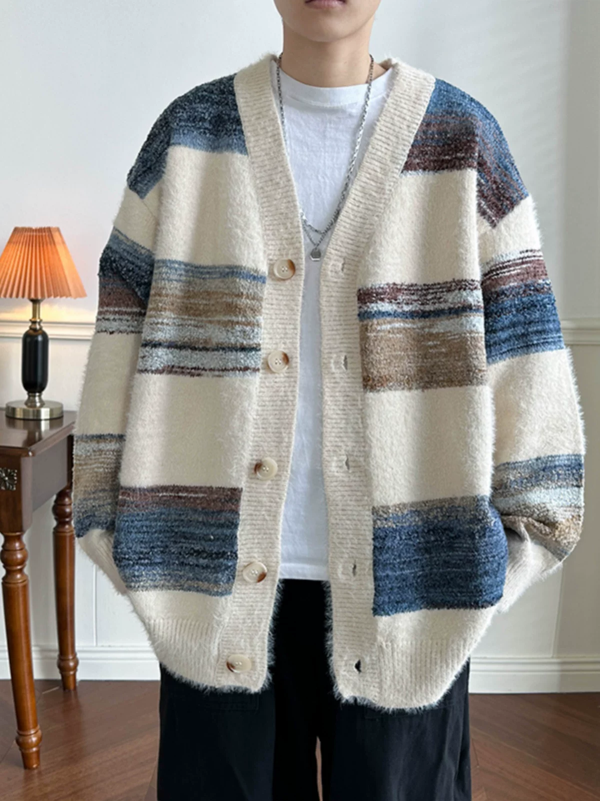 Áo len cardigan phối màu mùa thu đông Áo len dệt kim phong cách retro của cặp đôi Mỹ thương hiệu thời trang ins áo khoác dáng rộng phong cách lười biếng