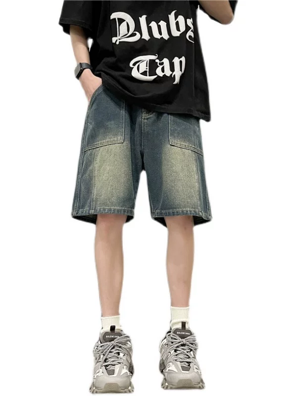 Quần short denim kiểu Nhật dành cho nam, quần dài vừa phải dáng rộng mùa hè, quần áo ngoài thương hiệu thời trang đa năng, quần năm phần.