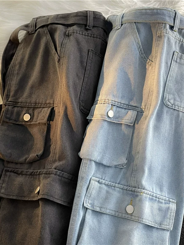 Quần jean nam nhiều túi đa năng, quần công sở phong cách Hồng Kông thời thượng, quần ống rộng dáng suông thời trang đường phố mùa xuân hè.