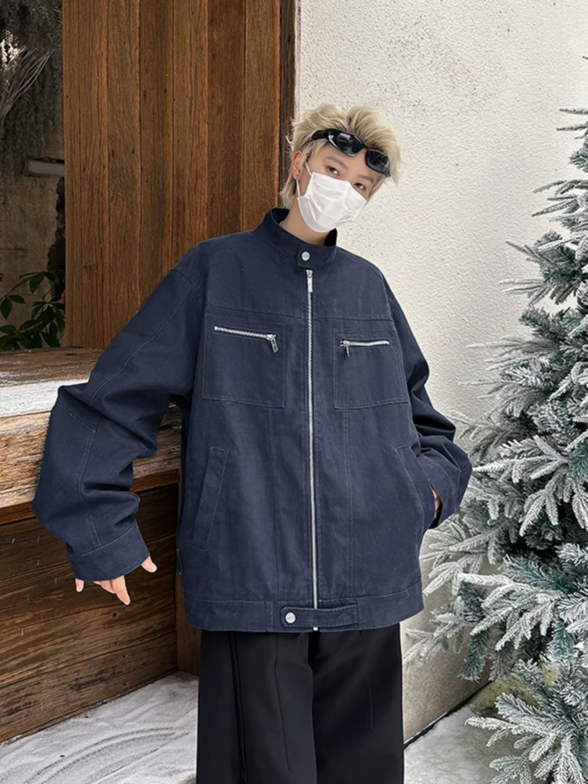 Áo khoác denim cổ điển mùa thu đông dành cho nam, áo khoác Harrington kiểu Mỹ retro, áo khoác công sở cổ đứng giặt mài thời thượng.