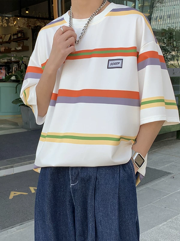 Áo thun sọc ngắn tay cho nam, phong cách Hồng Kông, quần áo dáng rộng nửa tay, thời trang mùa hè Hàn Quốc, áo thun thường ngày hợp thời trang, cá tính, đa năng.