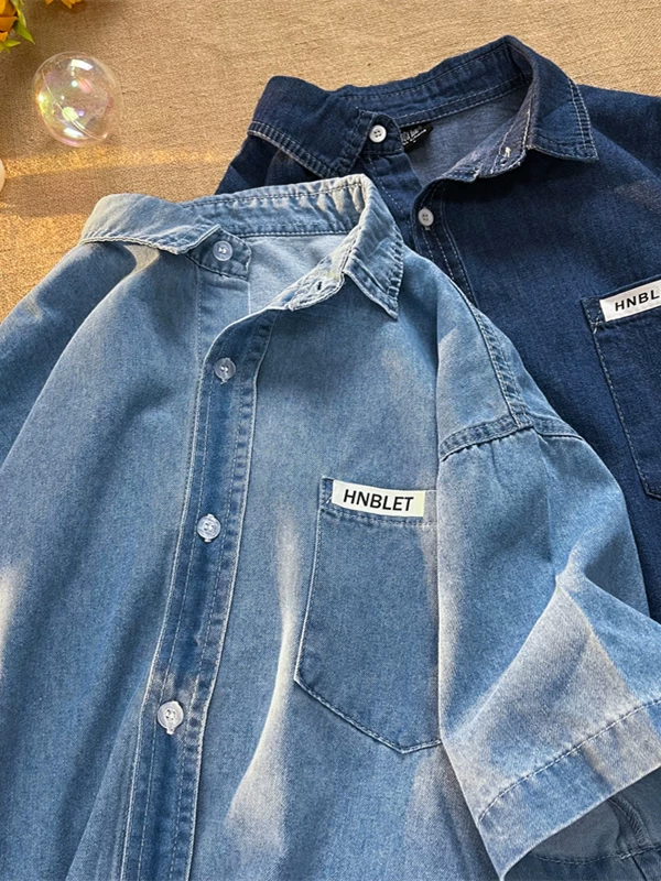 Áo sơ mi denim ngắn tay kiểu Mỹ dành cho nam, áo mùa hè thường ngày, dáng rộng, áo khoác thương hiệu hợp thời trang đa năng dành cho sinh viên.