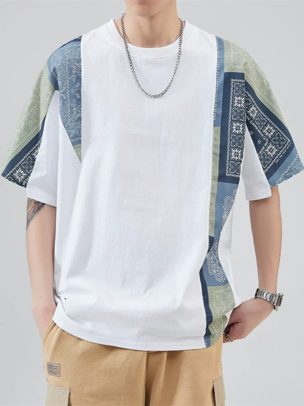 Áo thun nam tay ngắn phong cách dân tộc, kiểu dáng rộng rãi thời trang, phối họa tiết, chất liệu cotton nguyên chất, đa năng, mặc hè.