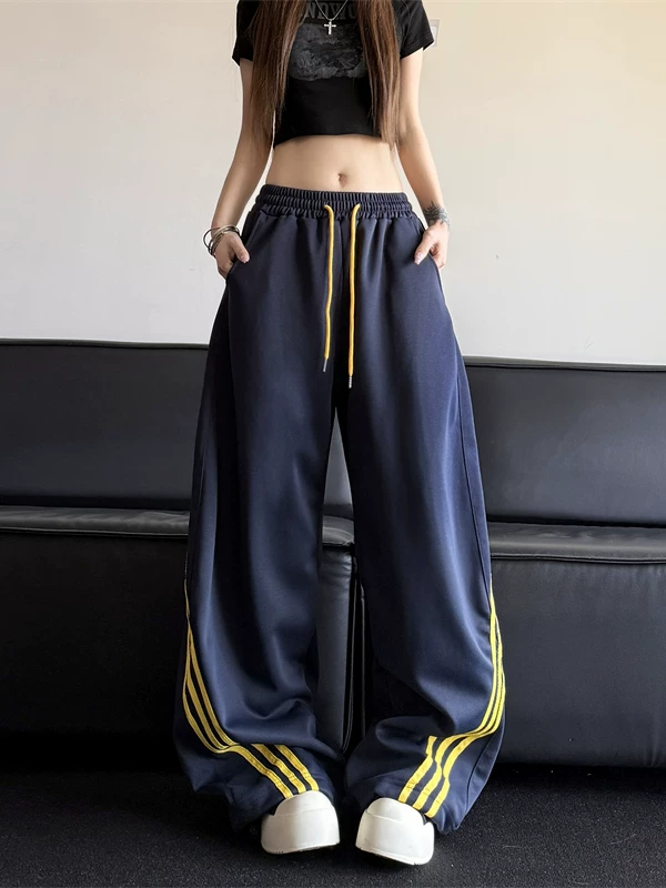 Quần thể thao ba sọc phong cách hip-hop Mỹ dành cho nam, quần ống cong vintage xuân/thu, quần ống rộng dài chạm đất thời thượng, thương hiệu nổi tiếng.