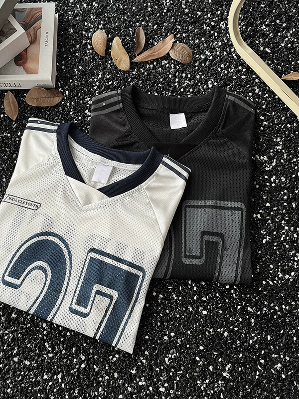 Áo thun thể thao cổ chữ V khoét lưới dành cho nam phong cách Mỹ hợp thời trang, áo thun ngắn tay nhanh khô, đa năng, áo lụa băng dành cho cặp đôi