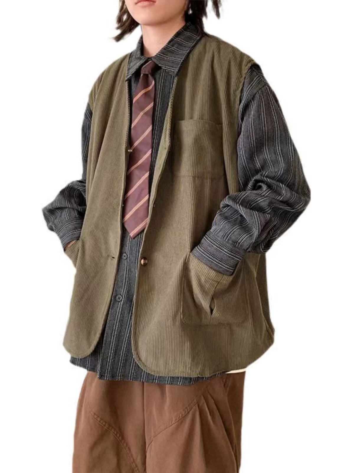 Áo vest nam chất liệu vải nhung kiểu Nhật cổ điển, áo khoác nhiều túi thời trang, phong cách rộng rãi, thích hợp mặc layer mùa thu đông.