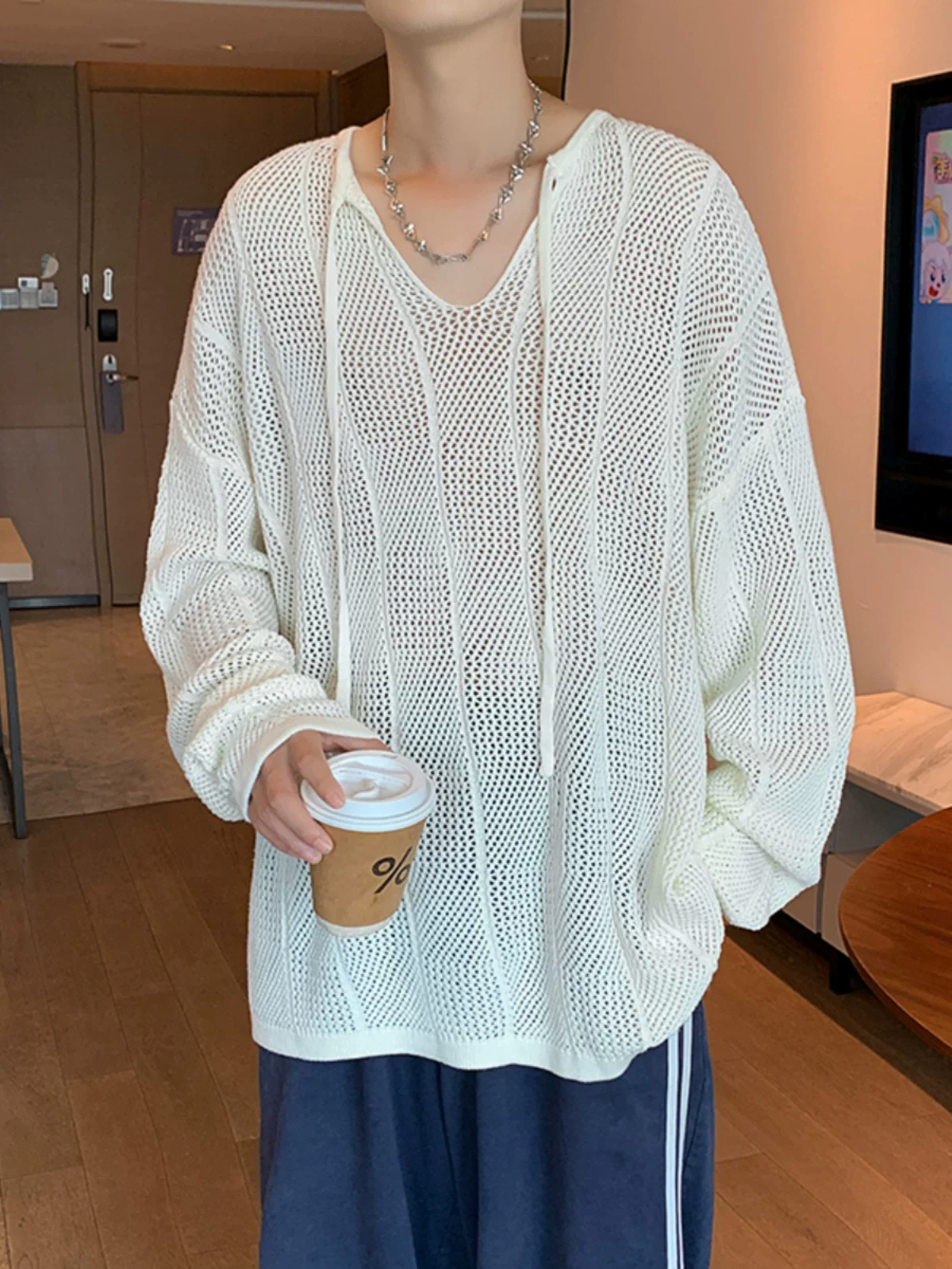 Áo len dệt kim dài tay khoét lỗ dành cho nam, kiểu dáng rộng rãi và sành điệu, áo kiểu lười biếng, áo sơ mi cổ chữ V thời thượng và cao cấp cho mùa xuân thu.